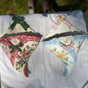 RARE Antique Pair Of Luneville French Faience Porcelain Wall Pockets Elegant Home Decor Collectible