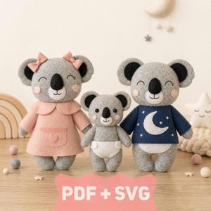 May include: Three felt koala plush toys including a larger koala in a pink dress with bows, a smaller koala in a white nappy, and a medium koala in a navy blue shirt with a white moon and stars graphic. The text PDF + SVG is visible below.