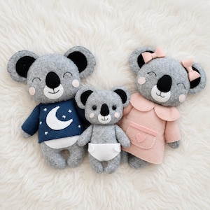 Patron PDF en feutrine d'une famille de koalas | Animaux en feutrine pour chambre de bébé | Tutoriel de couture koala | Modèle de bricolage en feutrine