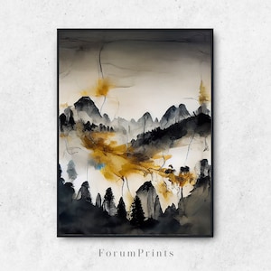 Cai Guo Qiang Style, Mountains And Trees, Abstract Painting | Wall Art Print | Printable, Digital Download