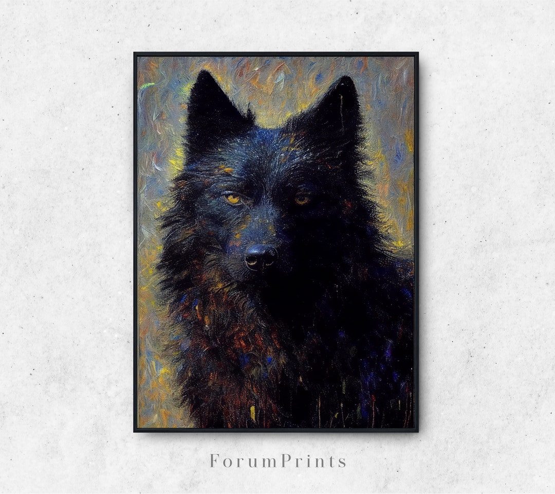 Black Wolf Yellow Eyes Painting, Abstract Expressionism Style Wall Art