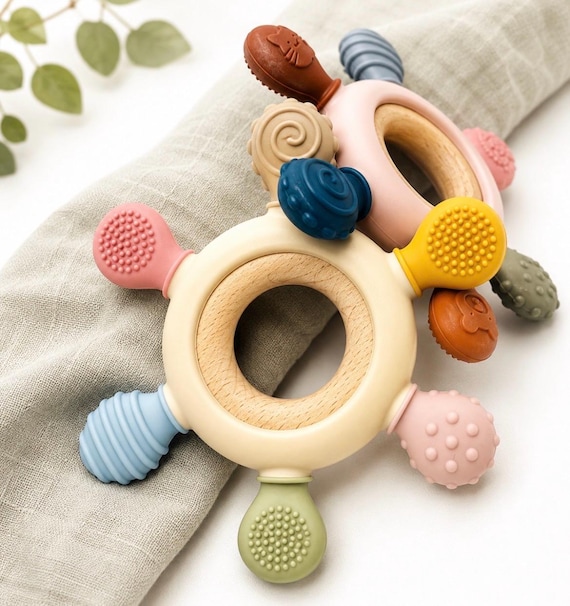 Personalised Baby Teether | BPA Free Silicone Sensory Teething Toy | Wooden Ring | Baby Shower Gift | New Baby Gift | Montessori Toy