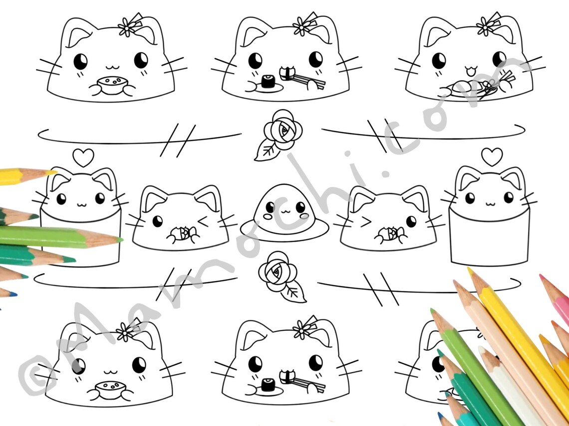 Cute Chi-chi Mochi Cat Printable Coloring Pages: Kawaii Sushi - Etsy UK