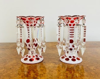 Fine pair of antique Victorian overlaid lustres