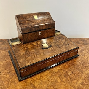 Unusual antique Victorian quality burr walnut writing box