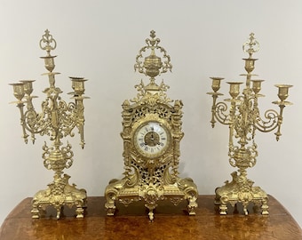 Antique French Bronze Cathedral Clock With Matching Candelabras