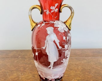 Antique Victorian quality Mary Gregory cranberry glass vase