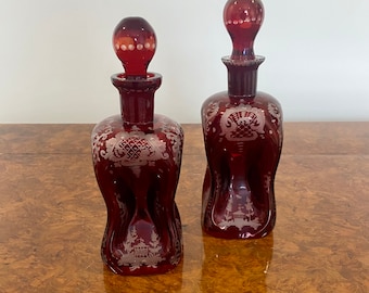 Pair Of Antique Victorian Quality Ruby Glass Decanters