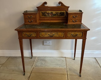 Fine quality antique Edwardian freestanding decorated inlaid satinwood desk