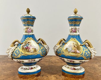 Fine quality pair of antique Victorian French severs lidded vases