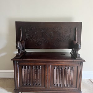 Antique quality carved oak monks bench