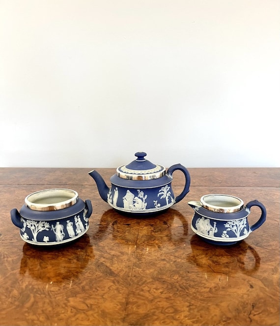 Quality Antique Victorian Silver Mounted Three Piece Jasperware