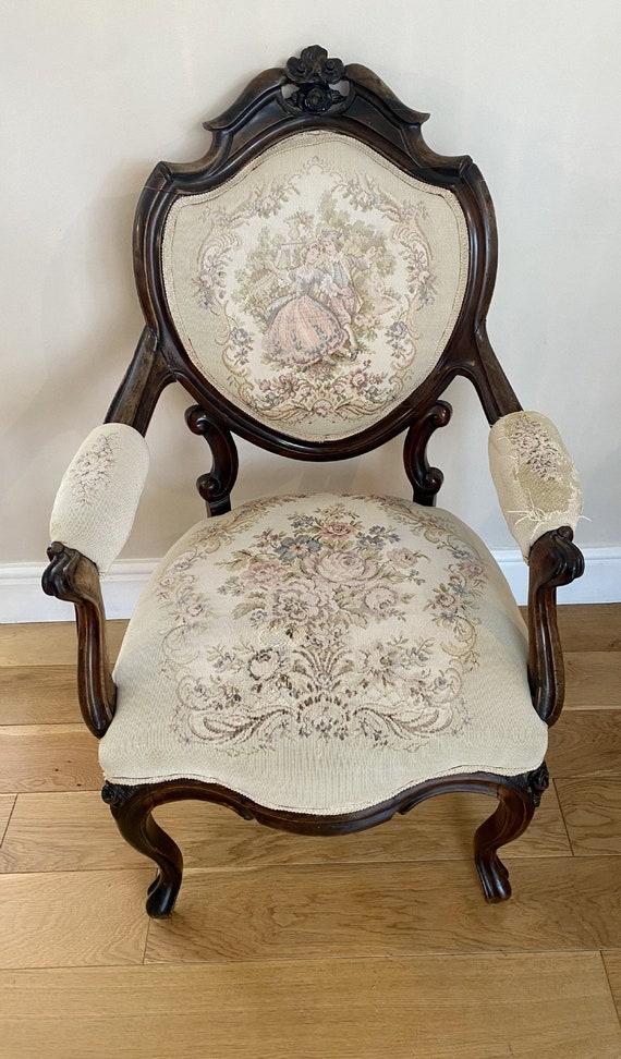 Antique Walnut Victorian Louis XV Style Tapestry Parlor Arm Chair