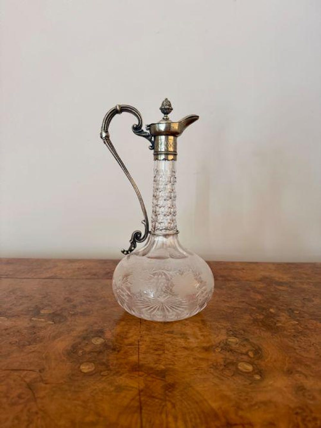 Fine Quality Antique Victorian Etched Glass Silver Plate Claret