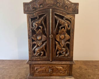 Quality antique carved oak table top cabinet
