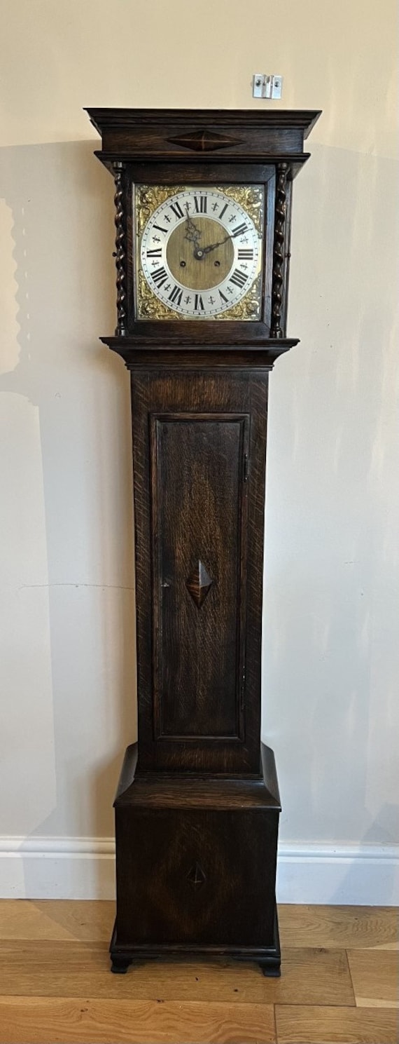 Antique Quality Oak Brass Face Grandmother Clock 