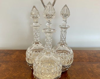 Antique Victorian Quality Cut Glass Decanters & Original Silver Plated Stand