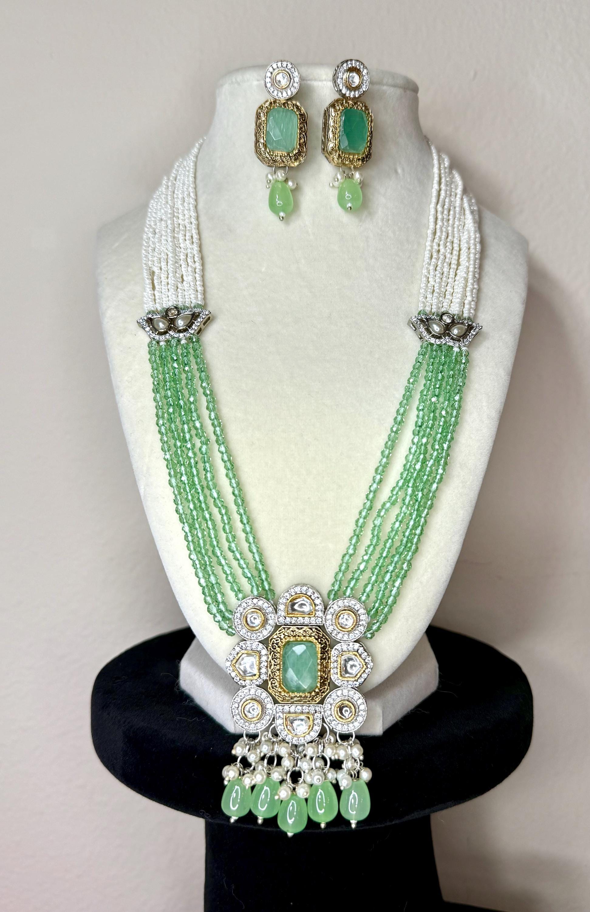 Mint Pink Royal Blue Victorian Long Statement Kundan Necklace Set White Beads Mala Semi Precious Bollywood Rani Haar Bridal Indian Jewelry