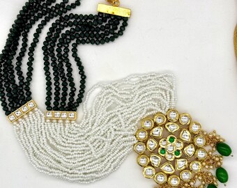 Green and White Beads Victorian Meenakari Enamel Kundan Long Statement Necklace Set Long Mala SemiPrecious Rani Haar Bridal Indian Jewelry