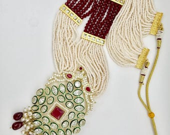 Ruby Moissanite Victorian Polki Long Statement Necklace Set Peacock Motifs White Beads Mala Semi Precious Rani Haar Bridal Indian Jewelry