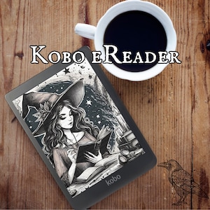 Könnte beinhalten: Eine Schwarzweißillustration einer Hexe, die auf einem Kobo E-Reader ein Buch liest. Die Hexe trägt einen spitzen Hut und ein langes Kleid. Der Hintergrund ist ein dunkler Sternenhimmel.
