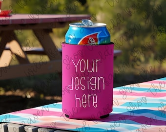Can Cooler Bright Pink Sleeve- Beach Scene- Design Mock up