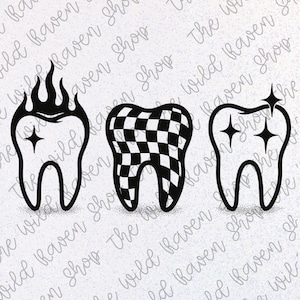 May include: Three black and white tooth designs. One tooth has flames, another a checkered pattern, and the last has sparkling stars. The designs are on a white background with a repeating text pattern.