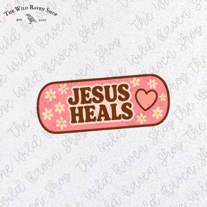 Jesus Cura Bandagem Retro PNG: Adesivo Cristão Floral Rosa (Download Digital)