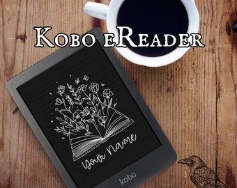 Download digitale della schermata di blocco dell'e-reader Kobo con libro floreale personalizzato