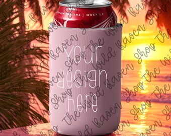 Can Cooler Light Pink Sleeve-  Beach Scene- Design Mock up