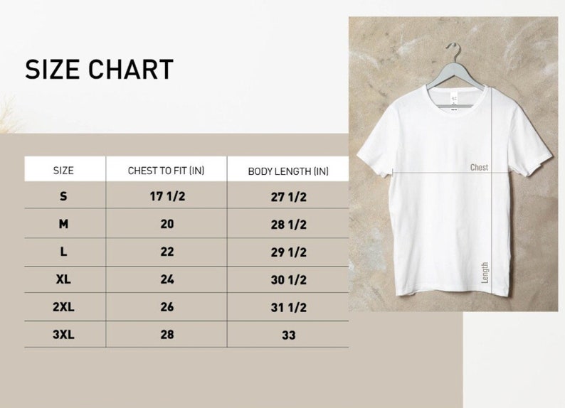 K&ouml;nnte beinhalten: Gr&ouml;&szlig;entabelle f&uuml;r ein T-Shirt mit Ma&szlig;en in Zoll f&uuml;r Brustweite und K&ouml;rperl&auml;nge. Die Gr&ouml;&szlig;en umfassen S, M, L, XL, 2XL und 3XL.