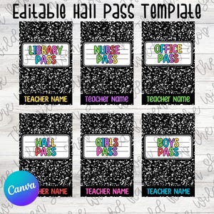 May include: Six printable hall pass templates featuring a black and white notebook paper design. Each pass has a different purpose, including library, nurse, office, hall, girls, and boys. The text on each pass is in colourful, bold letters.