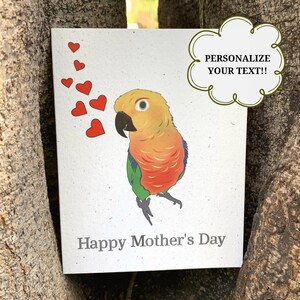 Tarjeta del día de las madres felices / Tarjeta de felicitación hecha a mano / Hecho a medida a pedido / Ecológico / Papel de cáñamo / Jenday Conure / Personalizable