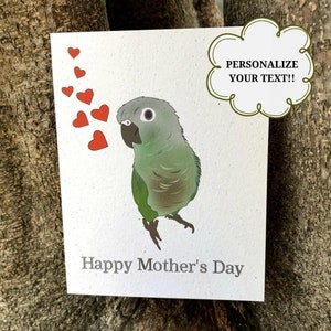 Tarjeta del día de las madres felices / Tarjeta de felicitación hecha a mano / Hecho a medida a pedido / Ecológico / Papel de cáñamo / Conure de mejilla verde / Personalizable