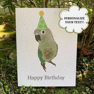 Carte de joyeux anniversaire, Carte d’anniversaire d’oiseau, Chanvre, Carte d’anniversaire amoureux de la nature, Ecofriendly, Conure à joue verte, Personnalisable, Carte de vœux d’oiseau