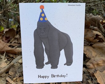 May include: A birthday card featuring a black and white illustration of a mountain gorilla wearing a blue and yellow party hat. The card has the text "Mountain Gorilla" and "Happy Birthday!" printed on it.