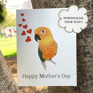 Tarjeta del día de las madres felices / Tarjeta de felicitación hecha a mano / Hecho a medida a pedido / Ecológico / Papel de cáñamo / Sun Conure / Personalizable