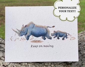 Rhino Greeting Card | Mother Rhino and Baby Running | Keep On Moving Greeting Card | Gift for Animal Lovers | Rhinoceros Gifts