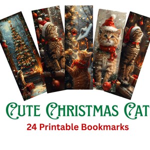 Peut inclure: Ensemble de 24 marque-pages imprimables avec des chats de Noël adorables. Chaque marque-page présente une scène festive différente avec un chaton portant un bonnet et une écharpe de Père Noël, entouré de décorations de Noël.