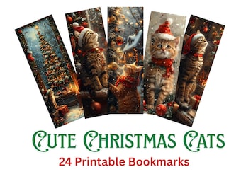 May include: Set of 24 printable bookmarks featuring adorable Christmas cats. Each bookmark showcases a different festive scene with a kitten wearing a Santa hat and scarf, surrounded by holiday decorations and a Christmas tree.