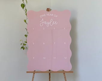 One Year Of Baby, Birthday Display, First Birthday Sign, Monthly Photos, Wavy Acrylic Painted Sign, Birthday Photos Sign, 1st Birthday Sign