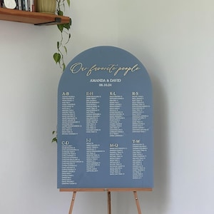 May include: A blue arch-shaped seating chart with gold lettering for a wedding. The chart is titled "Our favorite people" with the names Amanda and David and the date 08.10.24. The chart lists guest names in alphabetical order.