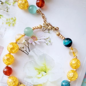Pulseira de cura elegante com contas &quot;Sunshine&quot; | Pulseira de contas de chakra | Pulseiras de contas de cristal com chakra | Única | Contas de quartzo amarelo