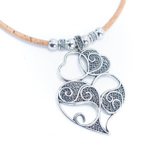 Natural Braided Cork with Antique Silver Viana Heart Women&#39;s Original Handmade Vegan Jewellery, Christmas