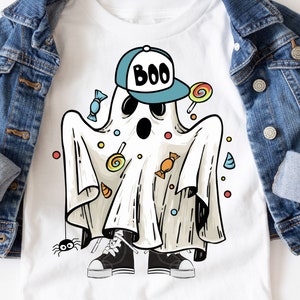 Lindo niño fantasma PNG ~ Fantasma de Halloween PNG ~ Aterrador ~ Abucheo ~ Zapatillas ~ Imagen DTF ~ Sublimación ~ Gorra de béisbol ~ Truco o trato ~ Arte de Halloween