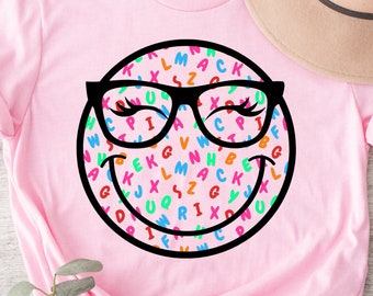 Lehrer-PNG ~ Smiley-Gesicht ~ Alphabet ~ Brille ~ Niedliches DTF-Bild ~ Smiley-Gesicht für T-Shirt-Sublimation ~ Wimpern ~ Unterrichts-PNG ~ Fröhliches Gesicht