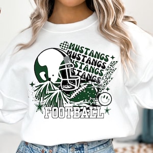 Preppy Mustangs Football PNG ~ Go Mustangs ~ Green and White ~ Cute Preppy Sublimation for Shirts ~ DTF ~ Mustangs Mascot Art ~ Mustangs PNG
