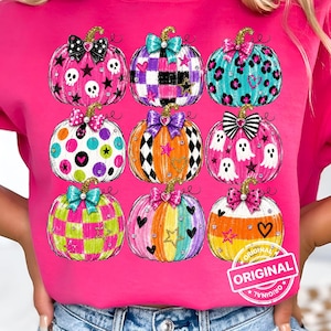 Preppy Watercolor Pumpkins PNG ~ Colorful Brushstrokes ~ Checkered Leopard Ghost ~ Girly Coquette Bow ~ Halloween Sublimation Shirt Design