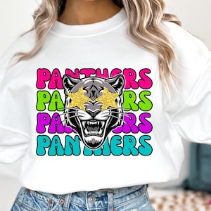 Preppy Neon Panthers Mascot PNG ~ Go Panthers ~ Gold Star Eyes ~ Panthers Sublimation for Shirts ~ Panthers Sports Team ~ Panthers Clip Art