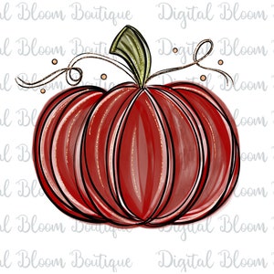May include: A red pumpkin with a green stem and gold glitter accents. The pumpkin is drawn in a cartoon style with black outlines.